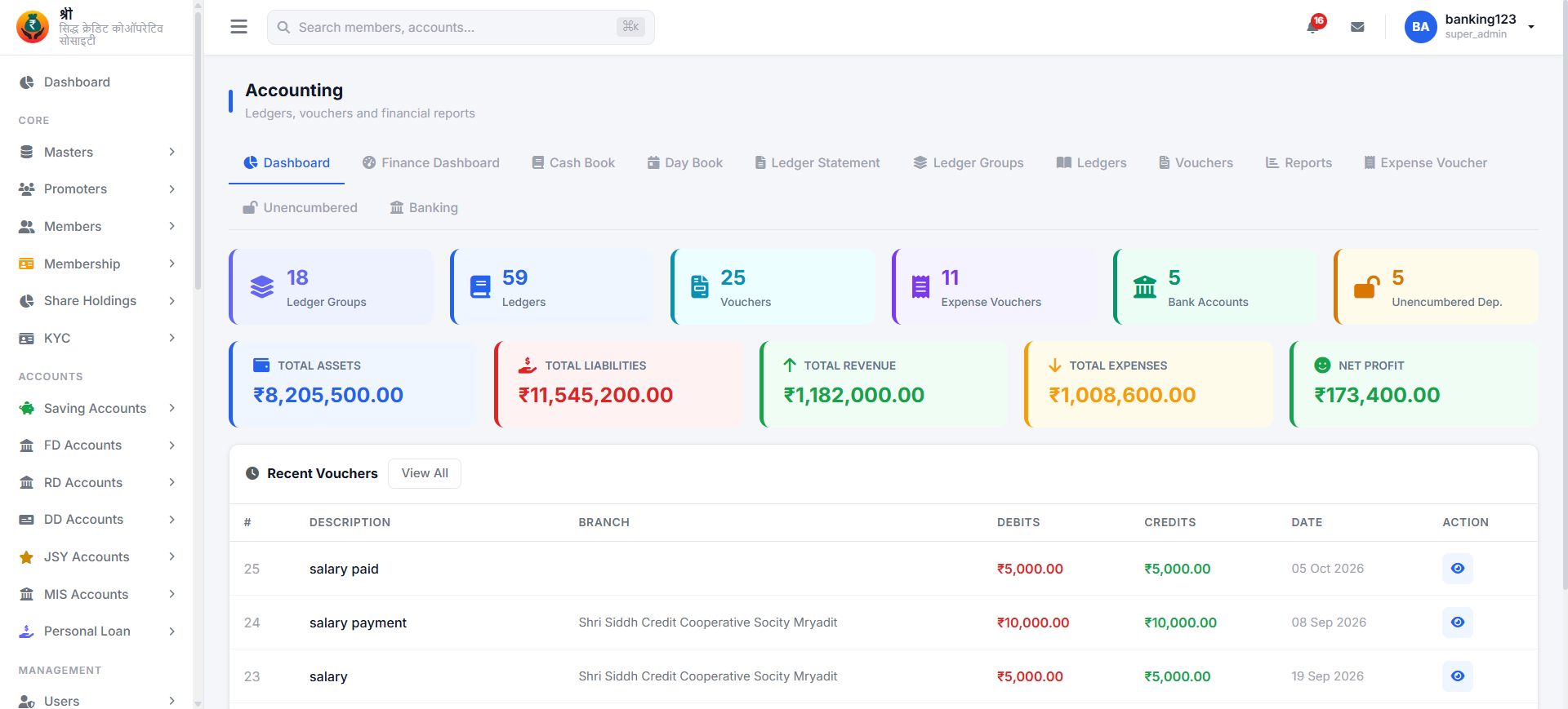 Pakhi Society Finance Accounting — Ledger Groups, Vouchers, Total Assets Liabilities Revenue