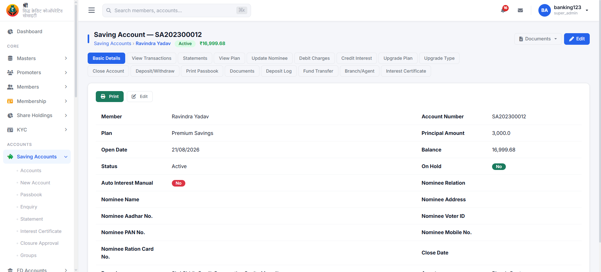 Pakhi Society Finance Saving Account — Account Details, Nominee, Operations Tabs
