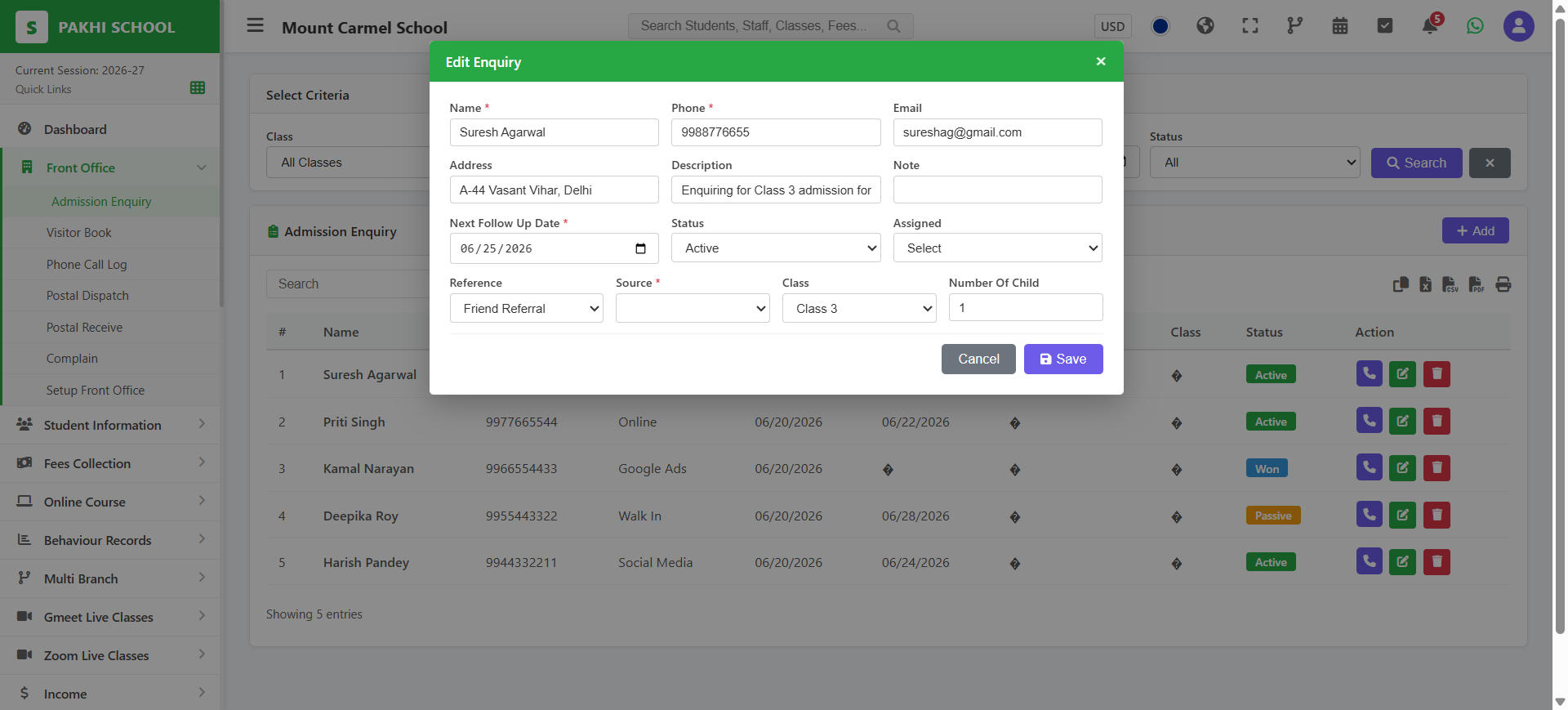 Pakhi School ERP Enquiry — Admission Enquiry CRM with Status and Source