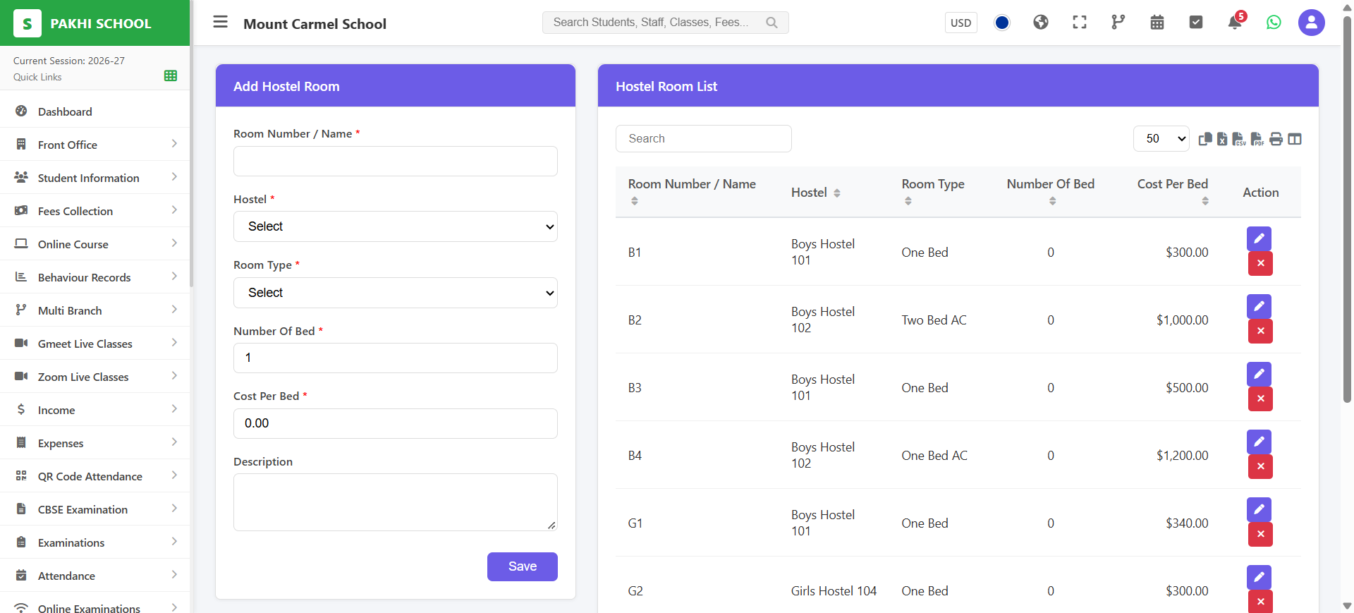 Pakhi School ERP Hostel — Room Management with Room Types and Cost Per Bed