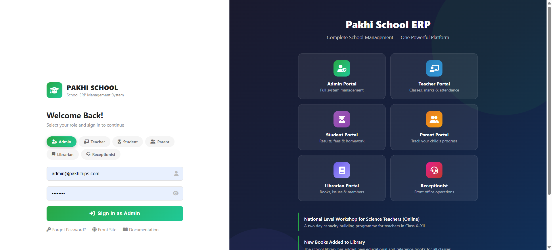 Pakhi School ERP Login — Multi-Role Login Screen