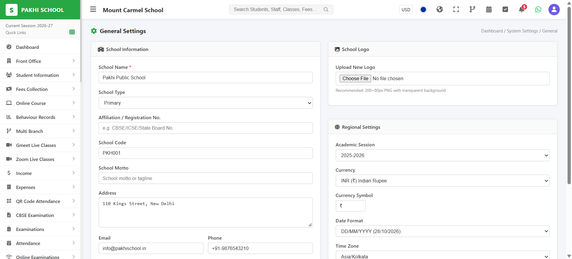 Pakhi School ERP Settings — General Settings with School Info Logo and Regional Config