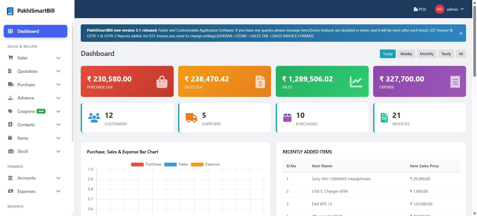 PakhiSmartBill Dashboard — Purchase Due, Sales Due, Revenue, Expense, Bar Chart