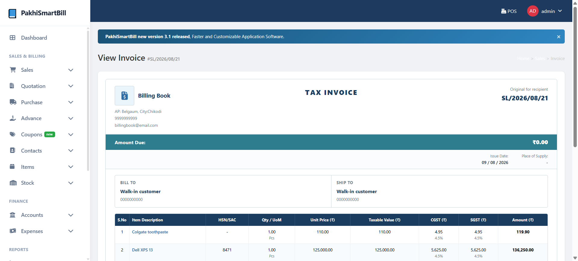 PakhiSmartBill Tax Invoice — HSN SAC CGST SGST Item-wise Breakup GST Compliant