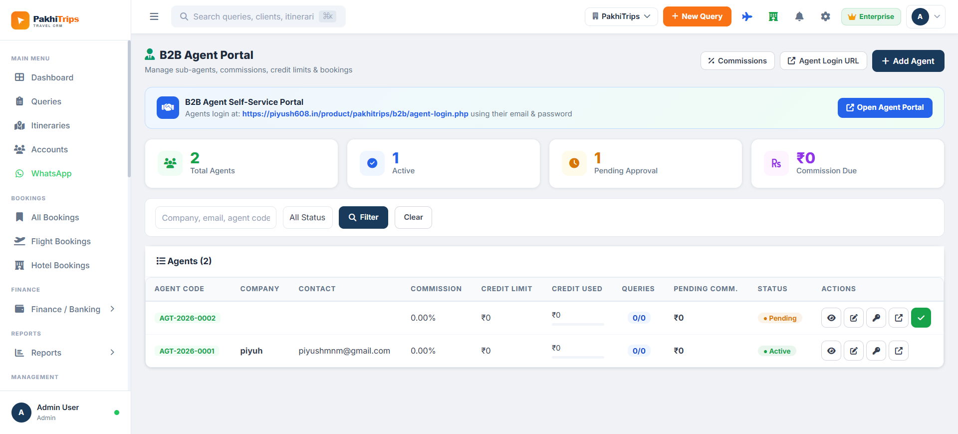 Pakhi Trip B2B Agent Portal — Total Agents, Commission, Credit Limit, Active Status