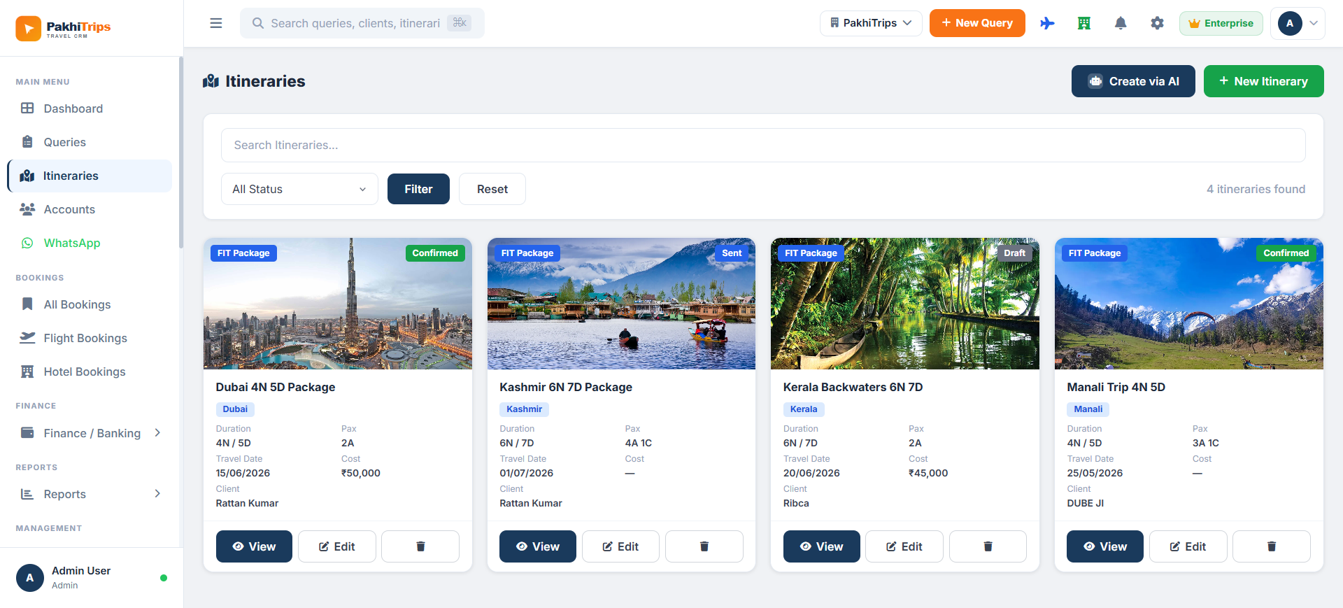 Pakhi Trip Itineraries — FIT Package cards with Dubai, Kashmir, Kerala, Manali packages