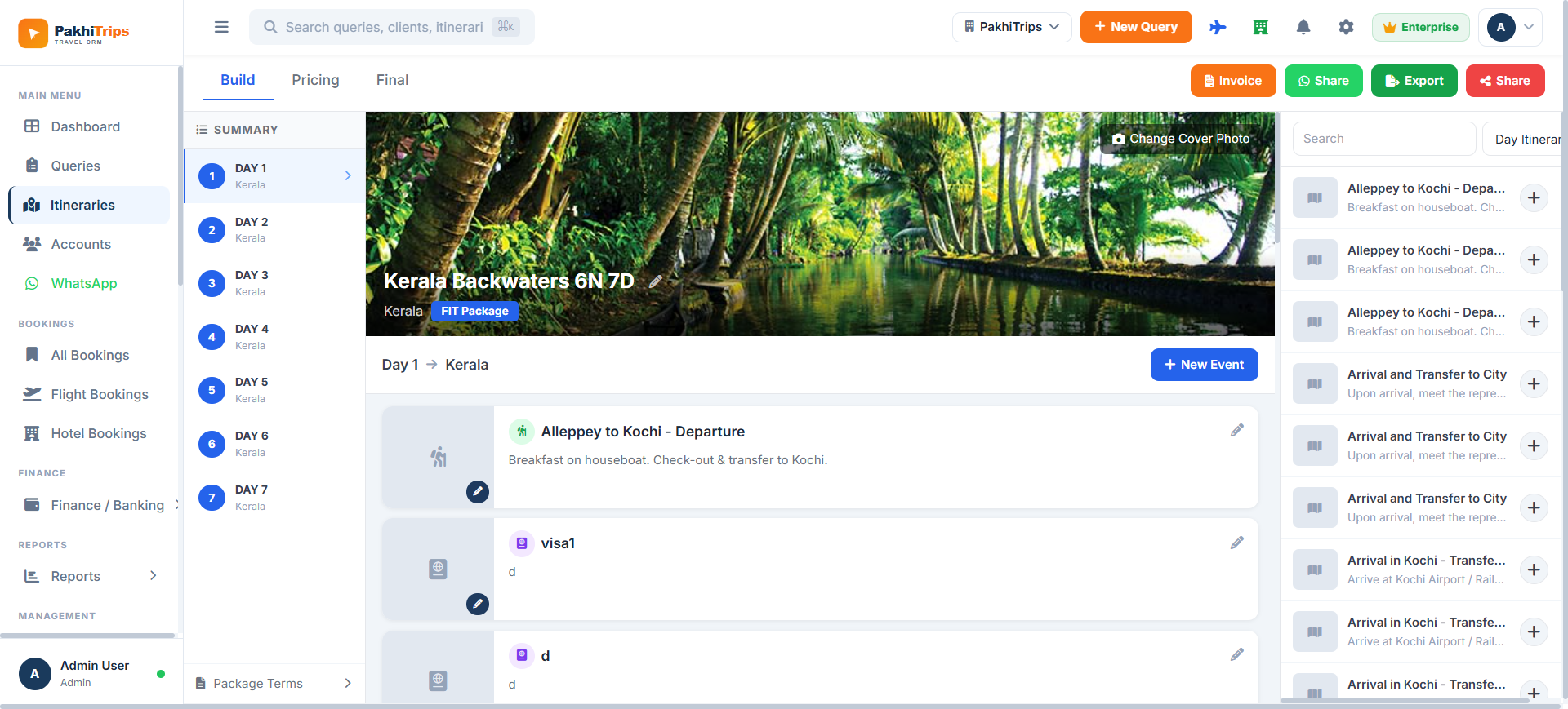 Pakhi Trip Itinerary Detail — Kerala Backwaters day-wise event builder with Share Export