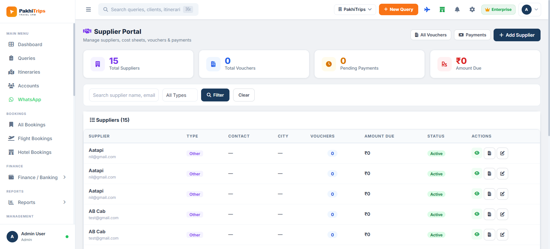 Pakhi Trip Supplier Portal — Total Suppliers, Vouchers, Pending Payments, Amount Due